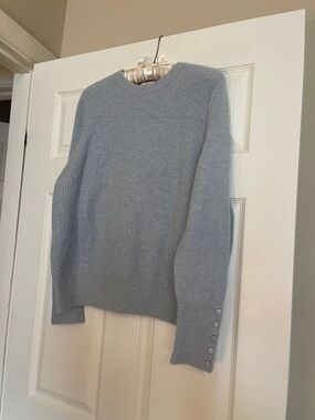 Boden Light Blue Ribbed Crewneck Sweater with Button Cuffs